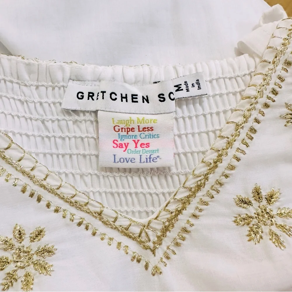 Gretchen Scott hand embroidered midi dress Fiesta Time white/gold, size medium